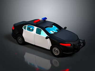 3D Model Police Car With Black White Body And Blue Red Flashing Lights 3d model
