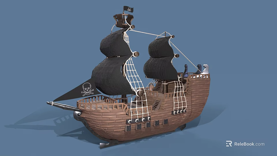 Pirate Ship Model With Black Sails Wooden Hull And Skull Flag Design 3d model 
