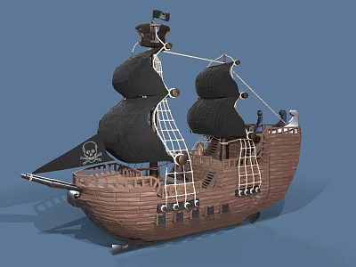 Pirate Ship Model With Black Sails Wooden Hull And Skull Flag Design 3d model