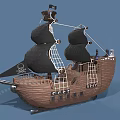 Pirate Ship Model With Black Sails Wooden Hull And Skull Flag Design