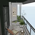 Cozy Home Balcony with Green Ceiling Comfortable Chair Small Table Potted Plants and City View