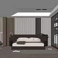 Modern Bedroom Interior With Dark Headboard Vertical Paneling Wall Area Rug And Accent Chair