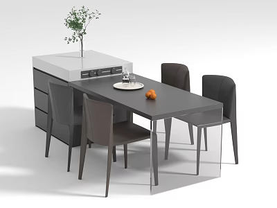 Modern Gray Dining Table Set With Four Chairs White Cabinet And Green Plant 3d model