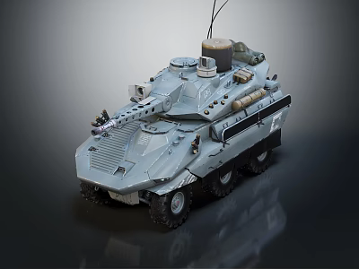 Detailed Gray Military Wheeled Tank With Top Equipment And Antenna Structure 3d model