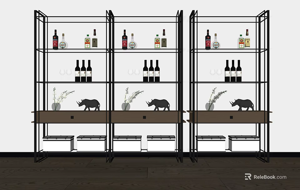 Modern Black Frame Wine Cabinet With Multiple Shelves Wine Bottles And Decorative Items 3d model 