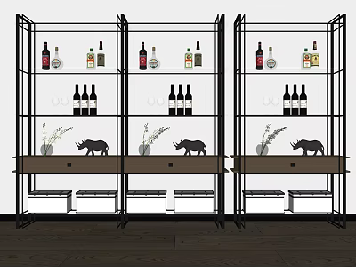 Modern Black Frame Wine Cabinet With Multiple Shelves Wine Bottles And Decorative Items 3d model