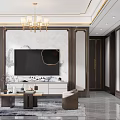 Modern Living And Dining Room Interior With Chandelier Sofa Dining Table And Round Wall Art