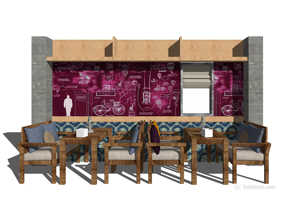 Wooden Public Chairs In Cozy Rest Area With Purple Wall And White Design Patterns 3d model 
