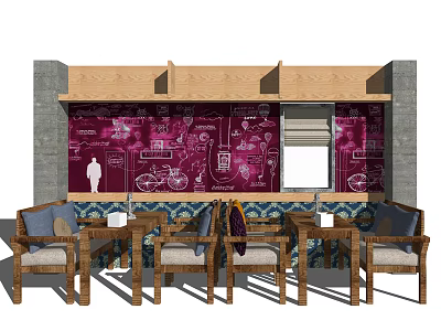 Wooden Public Chairs In Cozy Rest Area With Purple Wall And White Design Patterns 3d model