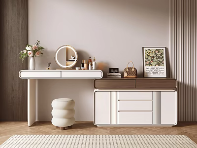 Modern Dressing Table Interior With Round Mirror Flower Vase Cosmetics Stool And Drawers 3d model