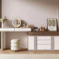 Modern Dressing Table Interior With Round Mirror Flower Vase Cosmetics Stool And Drawers