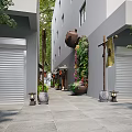 Traditional Chinese Commercial Street With Tea Pot Decoration Green Plant Wall And Stone Pavement