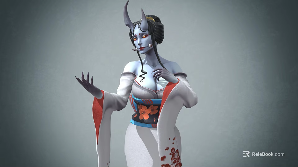 Woman in Traditional Kimono with Horns White Skin Red Eyes and Smoking Pipe 3d model 