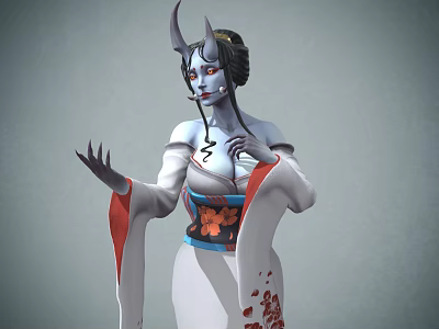 Woman in Traditional Kimono with Horns White Skin Red Eyes and Smoking Pipe 3d model