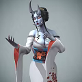 Woman in Traditional Kimono with Horns White Skin Red Eyes and Smoking Pipe