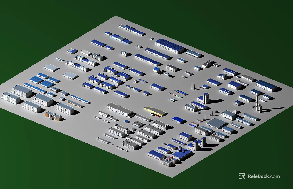 Industrial Factory Complex Layout With Workshops Warehouses And Blue Grey Roof Structures 3d model 