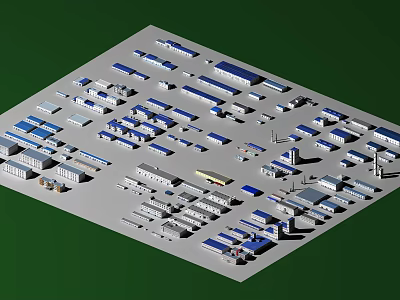 Industrial Factory Complex Layout With Workshops Warehouses And Blue Grey Roof Structures 3d model