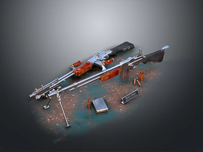Detailed 3D Rendered Rifle Weapon Featuring Metal Parts Wooden Components And Accessories On Dark Background 3d model