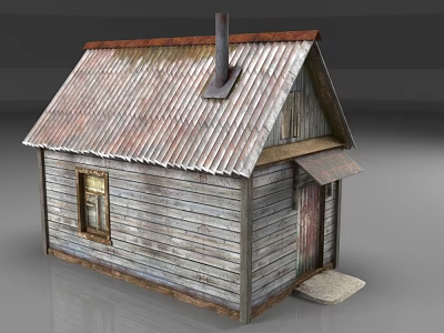Rustic Wooden Cabin With Rusty Corrugated Metal Roof Plank Walls Small Window And Chimney 3d model