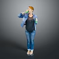 Red Haired Woman Drinking Green Drink In Denim Jacket And Blue Jeans On Gray Background