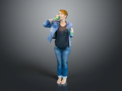 Red Haired Woman Drinking Green Drink In Denim Jacket And Blue Jeans On Gray Background 3d model