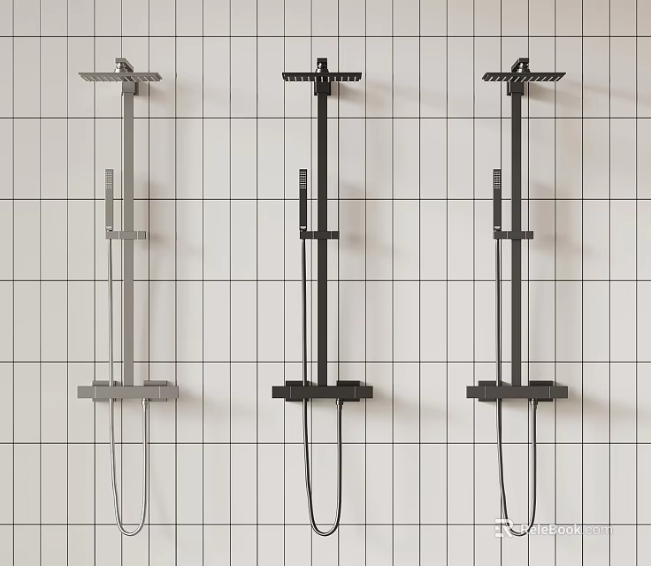 Three Stylish Modern Shower Systems Mounted on Grid Patterned White Wall 3d model 