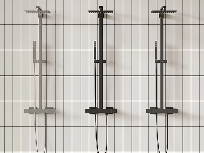 Three Stylish Modern Shower Systems Mounted on Grid Patterned White Wall 3d model