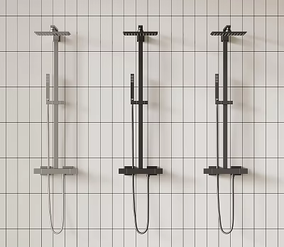 Three Stylish Modern Shower Systems Mounted on Grid Patterned White Wall 3d model