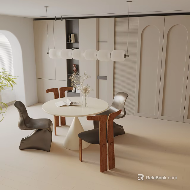 Modern Round Dining Table Set With Metal Wooden Chairs And Pendant Light 3d model 