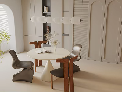 Modern Round Dining Table Set With Metal Wooden Chairs And Pendant Light 3d model