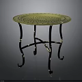 Round Glass Top Table with Ornate Pattern and Black Metal Legs with Gold Accents
