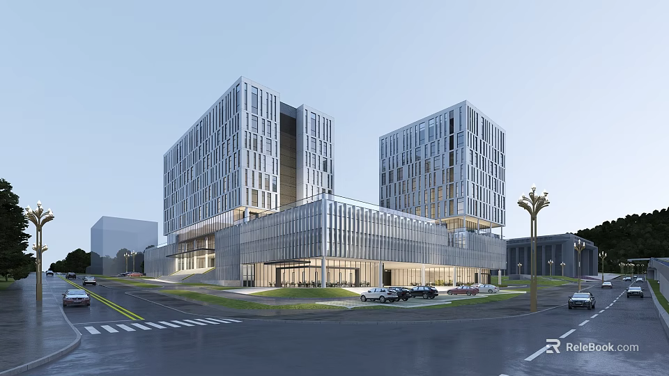 Modern Office Building Complex With Glass Curtain Walls Two High Rise Towers And Street Lamps 3d model 