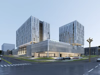 Modern Office Building Complex With Glass Curtain Walls Two High Rise Towers And Street Lamps 3d model