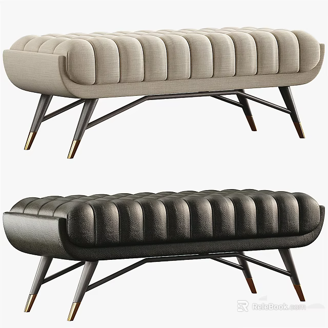 Modern Channel Tufted Upholstered Bench With Two Tone Beige And Black Design And Metal Legs 3d model 