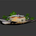 Delicate Food On Shell Shaped Plate With Purple Garnish Green Leaves White Thin Strips