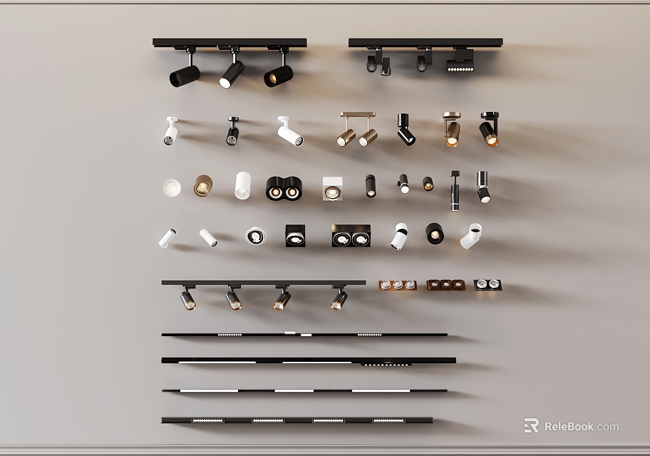 Various Styles of Downlights and Spotlights with Track Rails and Mounting Accessories 3d model 