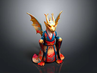 Mythical Golden Horned Dragon Statue in Colorful Traditional Attire with Decorative Wings 3d model