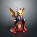 Mythical Golden Horned Dragon Statue in Colorful Traditional Attire with Decorative Wings