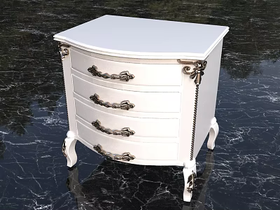 White Bedside Table with Multiple Drawers Metal Handles Decorative Accents and Curved Legs 3d model
