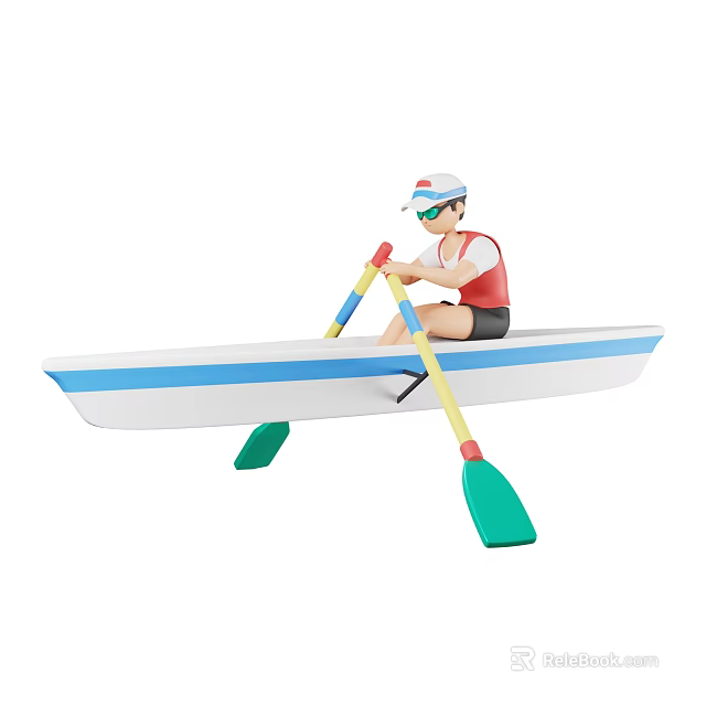Person Rowing White And Blue Canoe With Green Paddles On Water 3d model 