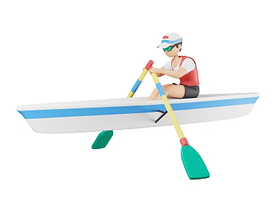 Person Rowing White And Blue Canoe With Green Paddles On Water 3d model