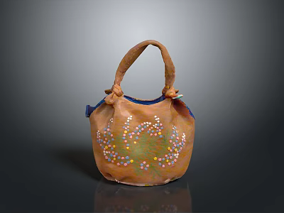 Handcrafted Brown Handbag With Colorful Dotted Patterns And Blue Trim Handles 3d model