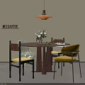 Round Wooden Table With Yellow Cushioned Chairs Transparent Acrylic Chair Beige Wall Brown Pendant Light