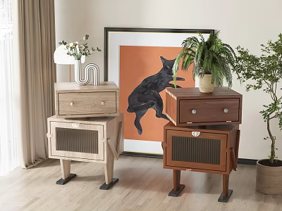 Modern Wooden Bedside Tables With Drawers And Potted Plants Near Wall Art 3d model