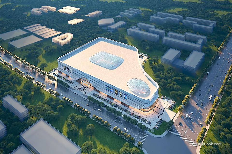 Aerial View Urban Planning Showcasing Large Modern Commercial Building With Green Spaces Trees And Roads 3d model 
