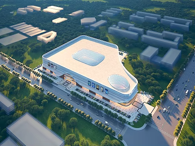Aerial View Urban Planning Showcasing Large Modern Commercial Building With Green Spaces Trees And Roads 3d model