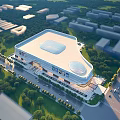 Aerial View Urban Planning Showcasing Large Modern Commercial Building With Green Spaces Trees And Roads