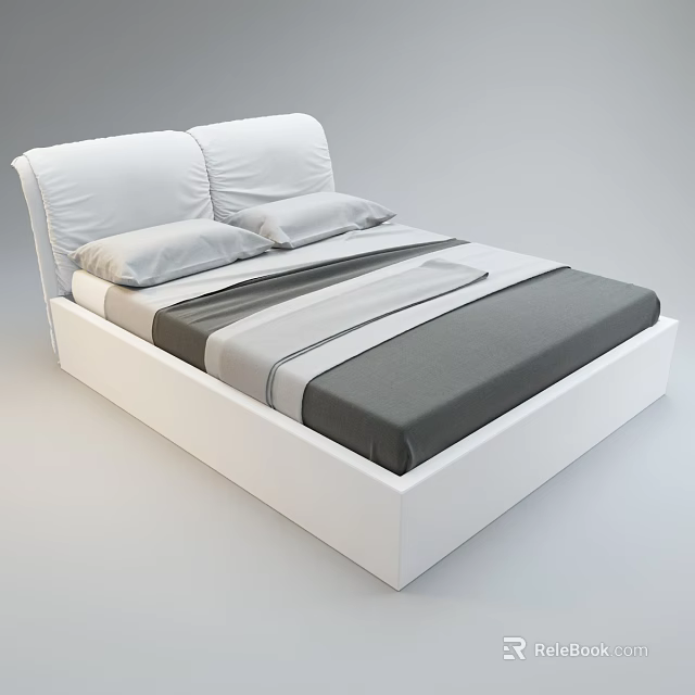 Modern Double Bed with White Headboard Frame Pillows and Gray White Layered Bedspread 3d model 