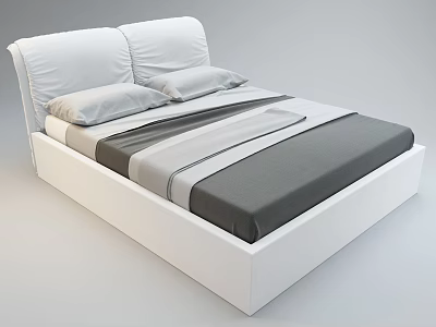 Modern Double Bed with White Headboard Frame Pillows and Gray White Layered Bedspread 3d model