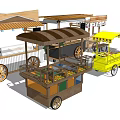 Variety of Functional Food Carts With Wooden Metal Canopies Wheels and Display Shelves